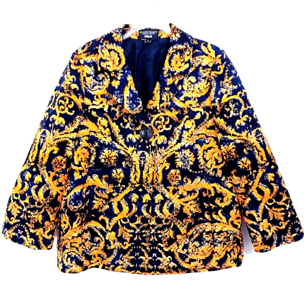Ellen Tracy Navy/Orange  / Gold Abstract Textured Filagree Longsleeve Blazer.
